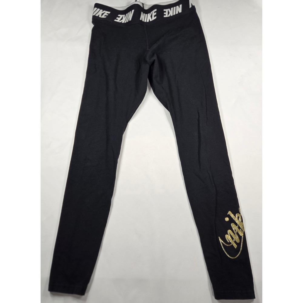 Nike Training Leggings Womens Med Black Gold Logo‎ Elastic Waistband Activewear